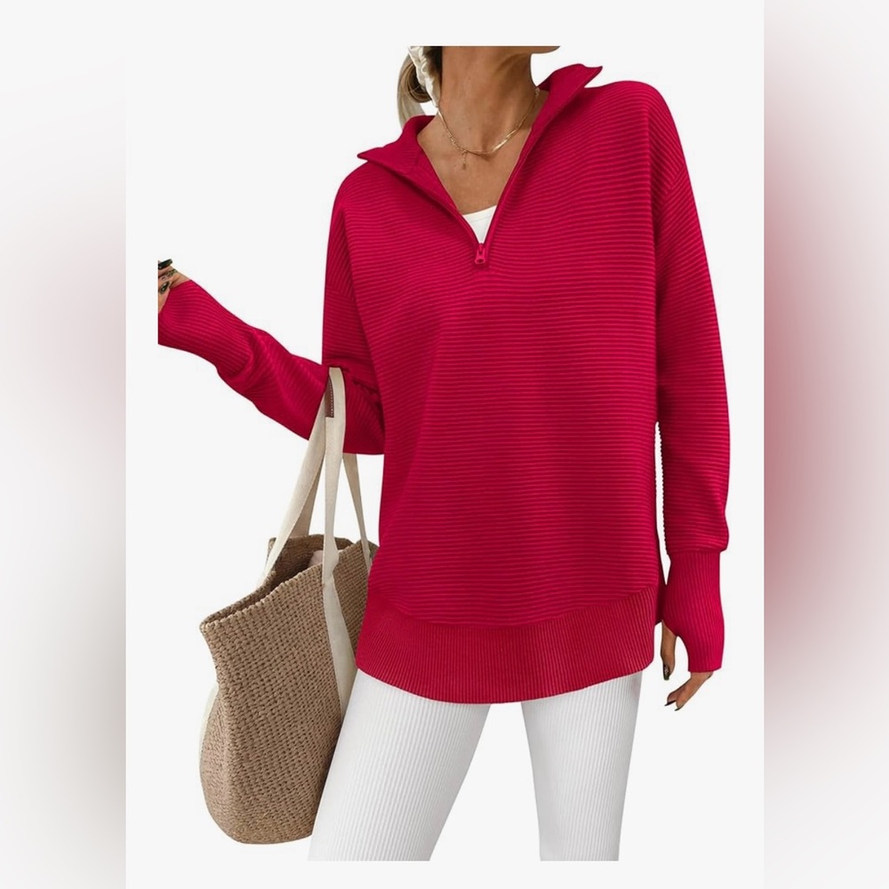 Red Half-Zip Knit Pullover | Thumb Hole | Small | Pretty Garden | New - Picture 4 of 11